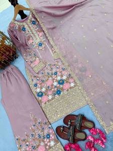 Luxury Heavy Chinon <b>Silk</b> Wrinkle-Free Stretchable Women's <b>Kurta</b> Palazzo Dupatta Set with Diamond Hand Embellishment - Product Image 3