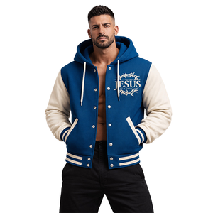 Blouson universitaire à capuche pour homme, écologique, motif Couronne d'épines de Jésus, bleu et blanc, style baseball, avec lettrage chrétien sur le devant, streetwear - Product Image 1