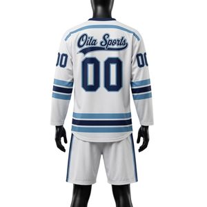 Men White Navy Blue Sublimated Ice Hockey Jersey Shorts Set Polyester V Neck <b>Athletic</b> Uniform Training Sports Apparel - Product Image 2