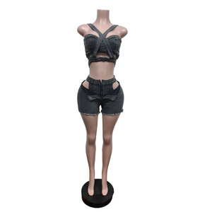 Women's 2 Piece Denim Shorts <b>Set</b> Criss-Cross Top Hollow Out <b>Sexy</b> Club Wear Spring Summer Casual Breathable Fashion Outfit - Product Image 2