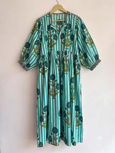 Handmade Indian Cotton <b>Kaftan</b> Dress Floral Print Vintage A-Line Regular Fit Casual <b>Summer</b> Puff Sleeve Breathable Midi Pockets - Product Image 2