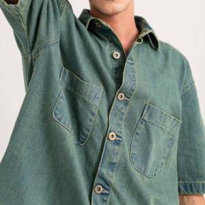 Camisa de Mezclilla de Manga Corta para Hombre, Color Sólido, Cuello Clásico, Cierre de Botones, Corte Regular, Algodón Lavado, Estilo Casual de Verano - Product Image 6