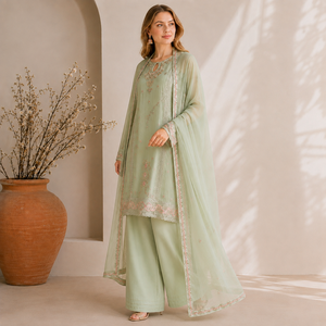 Conjunto de Salwar Kameez Tradicional Bordado en Chifón Verde Claro Premium para Mujer, Corte Regular, para Primavera, Uso Formal/Casual, Sin Arrugas - Product Image 1