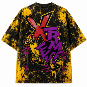 Camiseta Extra Grande para Hombre, Manga Corta, Cuello Redondo, Diseño de Graffiti y Skateboard, Estilo Urbano, Estampado Amarillo y Negro - Product Image 3