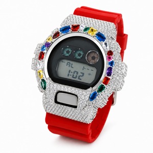 Reloj Digital con Pedrería, Caja de Acero Inoxidable, Correa de Silicona Roja, Esfera Rectangular, Reloj de Lujo para Mujer - Product Image 3