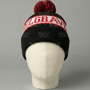 Bonnet noir et rouge avec broderie de lettres, unisexe, adulte, bonnet d'hiver décontracté pour l'extérieur, 100% acrylique, tricoté, avec pompon - Product Image 3