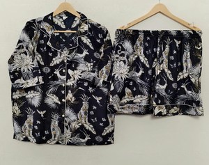Luxury Artisanal Handcrafted <b>Black</b> Tropical Flora Knitted Cotton Summer Nightwear <b>Set</b> Breathable Comfortable Shorts Loungewear - Product Image 1