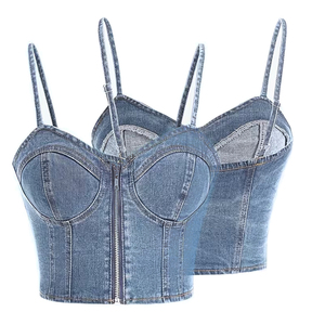 Wholesale Women's Denim Tank <b>Tops</b> Strappy Zip Front Solid Color Sexy Casual Wear Cotton Breathable Eco-Friendly OEM Service - Product Image 3