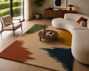 Tapis en laine tufté à la main sur mesure OEM, motif abstrait multicolore terre cuite et bleu marine, pour salon, fabriqué en Inde - Product Image 3