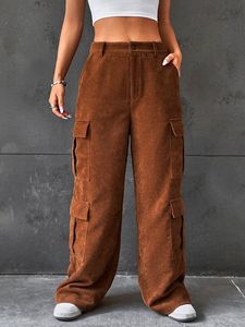 Pantalon cargo femme grande taille en toile, taille mi-haute, coupe paperbag, décontracté, coupe ample, multi-poches, coupe droite, style streetwear, délavé, automne - Product Image 1