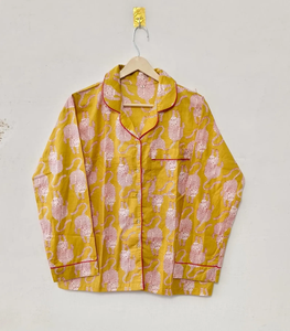 Ensemble de pyjama artisanal Jaipuri en coton tissé jaune moutarde imprimé à la main pour femme, motif léopard, manches longues, tenue de nuit d'été - Product Image 3
