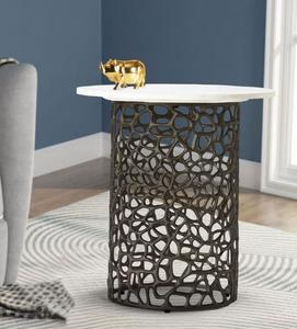 Contemporary Round <b>Marble</b> <b>Top</b> <b>Side</b> <b>Table</b> With Intricate Metal Base For Living Room Decor - Product Image 1