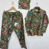 Ensemble 3 pièces pour femme indienne en coton, imprimé floral numérique, respirant, vintage, boutonné, vert, décontracté, manches courtes, été-automne