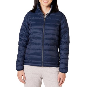 Women's Navy Quilted Jacket Stand Collar <b>Full</b> Sleeve Zipper Closure Solid Color Winter Puffer <b>Coat</b> Regular <b>Length</b> - Product Image 2