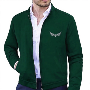 <b>Men's</b> Black <b>Jacket</b> Stand Collar Zipper Front Embroidery Logo <b>Smart</b> Casual Autumn Wear Regular Fit - Product Image 4
