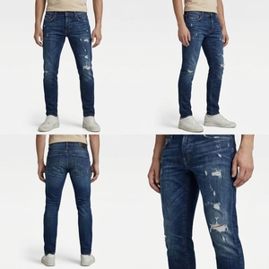Jean slim bleu foncé déchiré pour homme, en denim extensible, style classique cinq poches, streetwear - Product Image 5