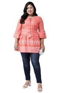 Blusa Corta de Rayón con Estampado Floral para Mujer, Talla Grande, Manga Tres Cuartos, Cuello Redondo, Color Durazno, Estilo Casual Étnico para Uso Diario - Product Image 1