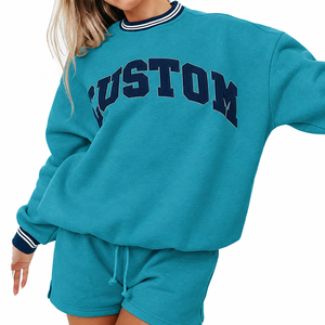 Tan Dark Blue Custom Chest Arch <b>Sweatshirt</b> Striped Round Neck Blue and <b>White</b> Striped Collar and Cuffs Loose Fit Long Sleeves - Product Image 6