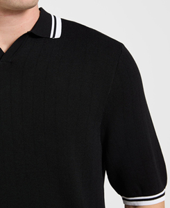 Chemise Homme Noire Tricotée 100% Coton de Haute Qualité à Manches Courtes Couleur Unie Respirante Anti-Plis Décontractée avec Bordure Blanche - Product Image 5