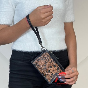 Vintage Hand Tooled Genuine Leather Slim <b>Card</b> <b>Holder</b> Wallet Western Rustic Floral Design Zipper Wristlet Coin Pouch for Women - Product Image 1