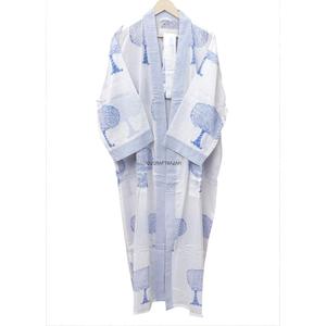 Bata Kimono Larga de Algodón 100% Ecológico para Mujer, con Estampado de Árboles Azules, Cuello en V y Manga Tres Cuartos, Ropa de Dormir Casual - Product Image 5