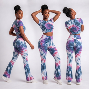 Tie-Dyed Short Sleeve Crop <b>Top</b> Flare <b>Leggings</b> Women Gym Fitness 2 Piece Set Printed Yoga Set Spandex Polyester <b>Leggings</b> <b>Top</b> Set - Product Image 5