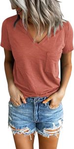 T-shirt d'été pour femme à col en V, coupe ajustée, décontracté, basique, avec poche, couleur macaron, style urbain, manches courtes - Product Image 2