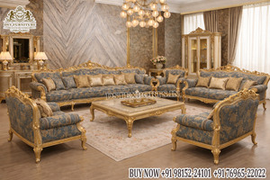 Juego de Sofás de Madera de Teca Tallada a Mano de Estilo Europeo Clásico, Muebles de Sala de Estar con Hojas de Oro Talladas Exclusivas, Juego de Sofás de Aspecto Majestuoso, Reino Unido - Product Image 4