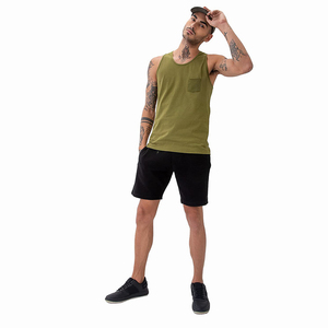 Camiseta sin mangas de algodón verde oliva para hombre, cuello redondo, informal, con bolsillo, estilo tejido de color sólido, para gimnasio. - Product Image 5