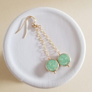 Boucles d'oreilles pendantes en amazonite en forme de pièce de monnaie, bleu aqua, pierre précieuse naturelle, plaqué or rose, bijoux faits à la main pour femmes - Product Image 1