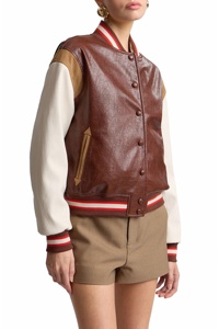 Veste universitaire en cuir véritable pour femme avec manches contrastées et col boutonné, style automne - Product Image 2