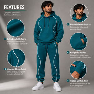 Men's Teal Pullover Hoodie with White Contrast Piping Drawstring Hood and Jogger <b>Pants</b> for Relaxed Fit for Casual Streetwear - Product Image 6