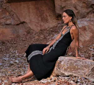 Women <b>Boho</b> Cotton Backless Maxi <b>Dress</b> Sleeveless Deep V Neck Ethnic Print Long <b>Summer</b> Beach <b>Dress</b> - Product Image 4