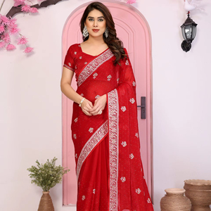 Ropa Étnica, Sari de Seda con Bordado Intenso, Diseño de Borde Elegante, Hermosas Combinaciones de Colores para Fiestas Tradicionales - Product Image 1