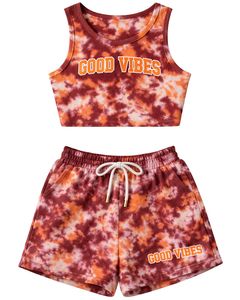 Ensemble décontracté deux pièces pour femme : débardeur court tie-dye et short à cordon de serrage, couleur orange rouille, fabrication sur mesure, vente en gros - Product Image 1
