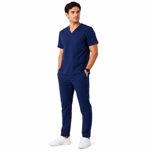 Conjunto de Uniformes Médicos Personalizados para Hombre, 100% Algodón, Tela de Lana Peinada, Azul Marino, Cuello en V, Uniforme de Hospital, Manga Corta, Ropa de Trabajo para Médico y Enfermero - Product Image 4