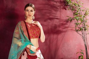 Pink <b>Rose</b> Floral Print Knee Length Lehenga Choli Set Chiffon Net Dupatta Bollywood Wedding Outfit Festive Women Wear - Product Image 3