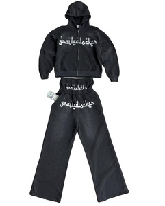 Ensemble deux pièces personnalisé délavé à l'acide adultes délavé Vintage survêtement de jogging sweat à capuche zippé jambe droite pantalon de survêtement évasé surdimensionné - Product Image 5