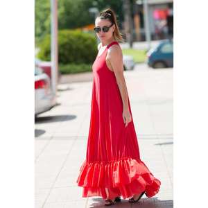 เดรสยาวสีแดงสำหรับผู้หญิง แขนกุด ทรงหลวม สไตล์ลำลอง สำหรับฤดูร้อน ชายระบาย ดีไซน์หรูหรา เป็นมิตรกับสิ่งแวดล้อม ซักได้ เอวเข้ารูป - Product Image 3