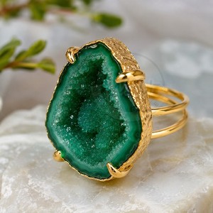 Natural Green Druzy Agate <b>Ring</b> Gold Electroplated Prong Setting Adjustable <b>Statement</b> <b>Ring</b> for Women Handmade Gemstone Jewelry - Product Image 2