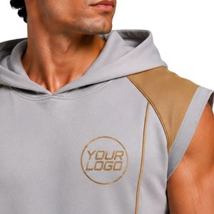 Ensemble de survêtement sans manches à capuche gris clair camel pour homme, avec logo personnalisé, pour la gym, le fitness, l'entraînement sportif, comprenant un sweat à capuche et un short, vêtements de sport - Product Image 6