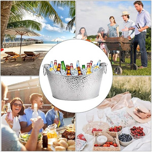Large Hammered Stainless Steel Oval <b>Ice</b> Bucket With Ring Handles Heavy Duty Party Beer Wine Beverage Tub For Wedding & Party - Product Image 5
