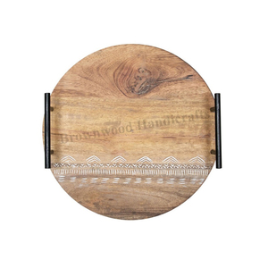 Premium Quality Hotel and Restaurant Supplies <b>Round</b> Shape Hand Carved Mango Wood Food <b>Serving</b> <b>Tray</b> with Metal Handles - Product Image 1