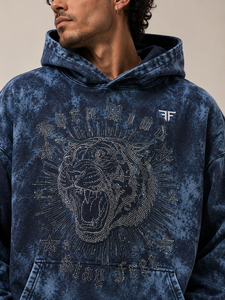 Sweat à capuche oversize personnalisé délavé à l'acide, en molleton de coton 500 GSM, avec motif tigre en strass, style streetwear, vente en gros OEM ODM - Product Image 5