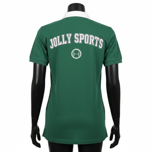 Maillot de rugby pour femme en jersey de coton épais vert forêt avec empiècements rayés blancs et patch en chenille, logo personnalisé. Maillot de rugby pour femme en coton. - Product Image 2