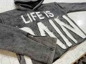 Sudaderas con capucha recortadas personalizadas Sun Faded Cut Edge Custom Acid Wash para hombre, sudaderas con capucha bordadas con parche desgastado con apliques de dobladillo crudo - Product Image 6