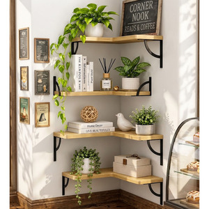 Étagères d'angle murales à 4 niveaux en bois avec supports en fer, design minimaliste pour le rangement dans le salon - Product Image 3