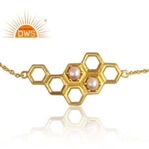 <b>White</b> Pearls Gemstone <b>Bracelet</b> Set <b>Gold</b> Plated 925 Silver Honeycomb Designer Chin <b>Bracelet</b> Jewelry Wholesaler - Product Image 4