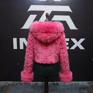 Pink Fur Hooded Down <b>Coat</b> With Fluffy Sleeve Cuffs Casual Winter Outerwear Short Length Zipper Closure - Product Image 2
