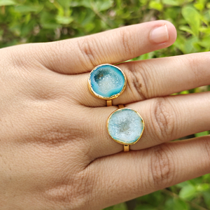 Natural Aqua Druzy Agate Raw Gemstone Bezel Setting Japanese <b>Adjustable</b> <b>Rings</b> 18k Gold Plated Brass Unique New Fashion Women - Product Image 6